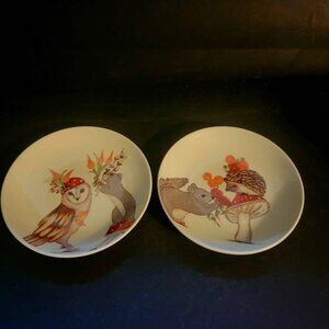 Two "Woodland Critters" Desert Plates, Autumn Forest Scenes. By Kellie Montana